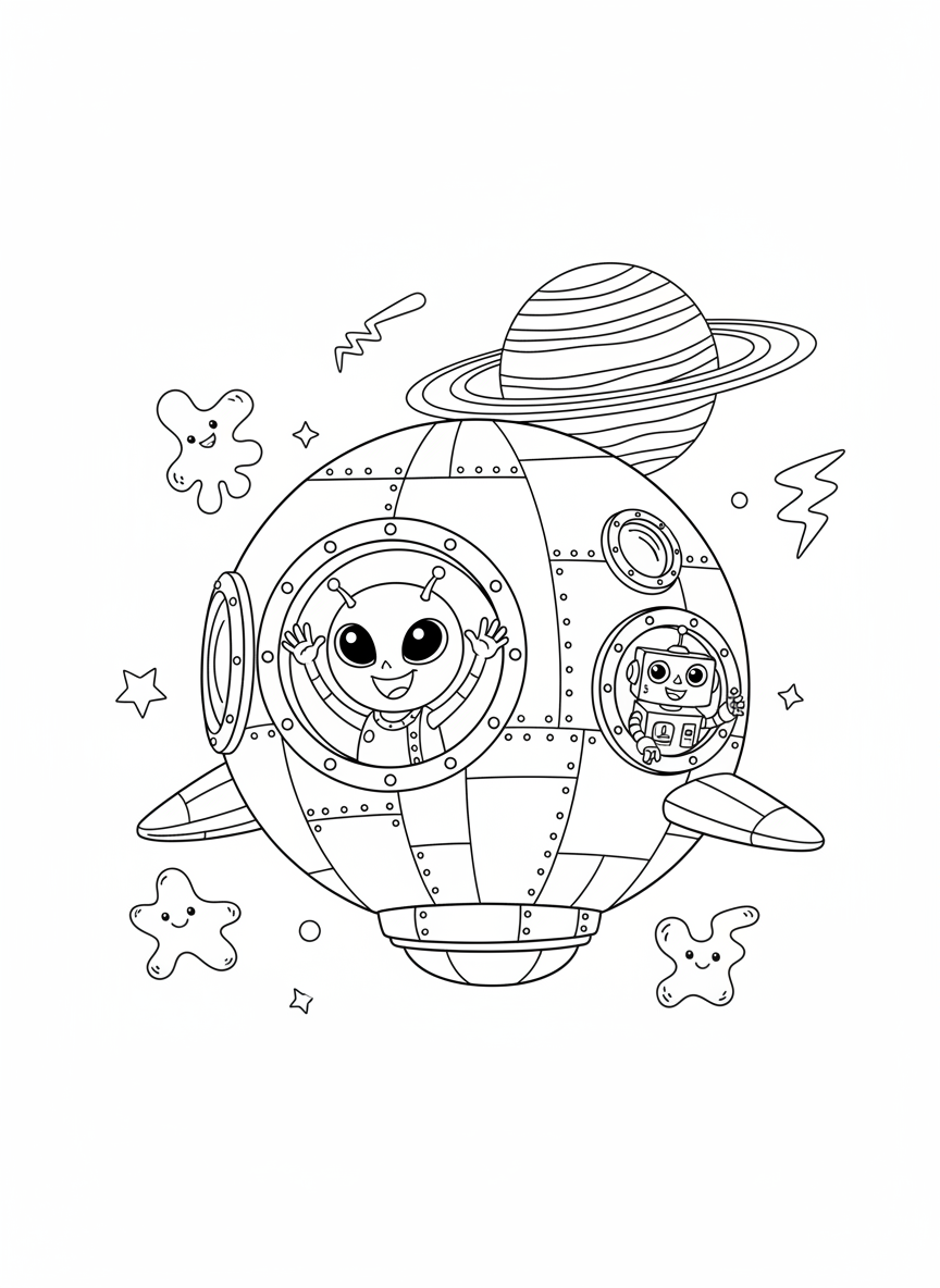 Friendly Alien Pilot in Space Coloring Page