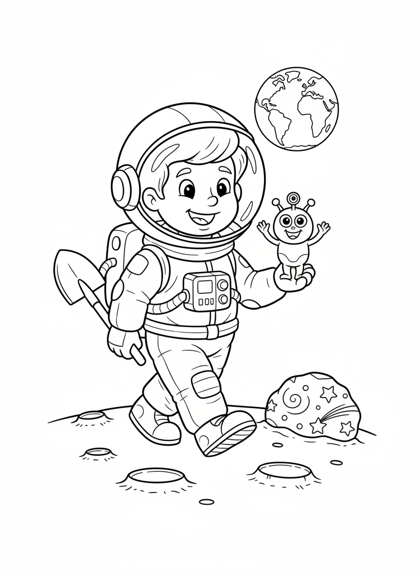 Friendly Astronaut & Alien Moon Walk Coloring Page