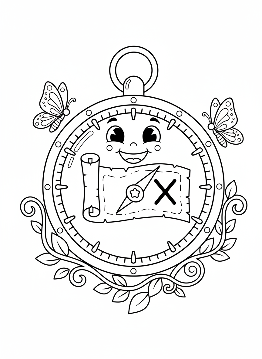 Friendly Compass Treasure Hunt Coloring Page