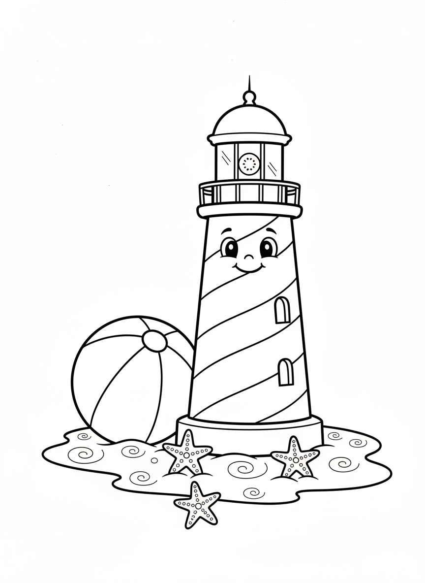 Friendly Lighthouse Beach Scene Coloring Page for Kids
