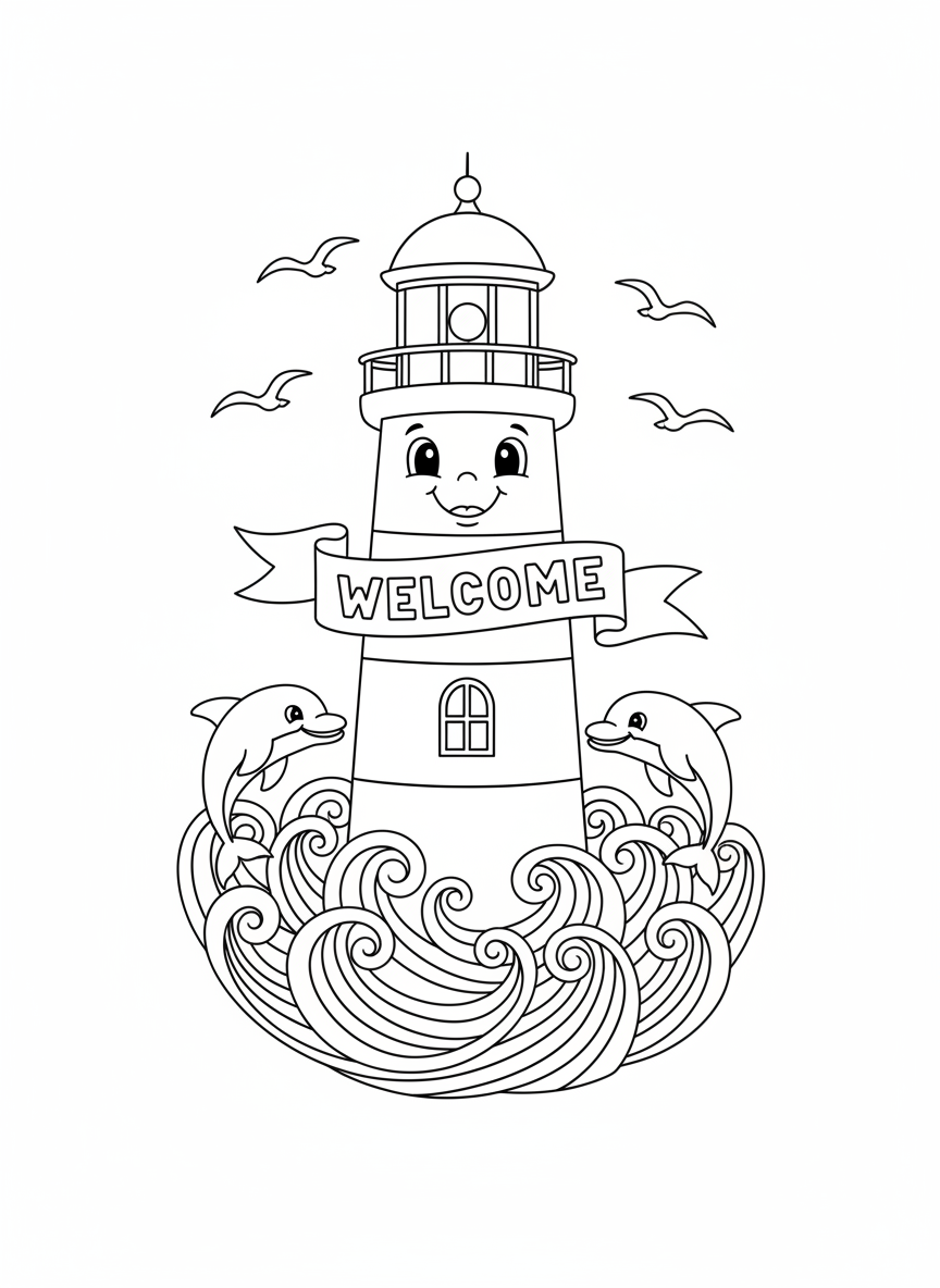 Friendly Lighthouse & Dolphins Coloring Fun