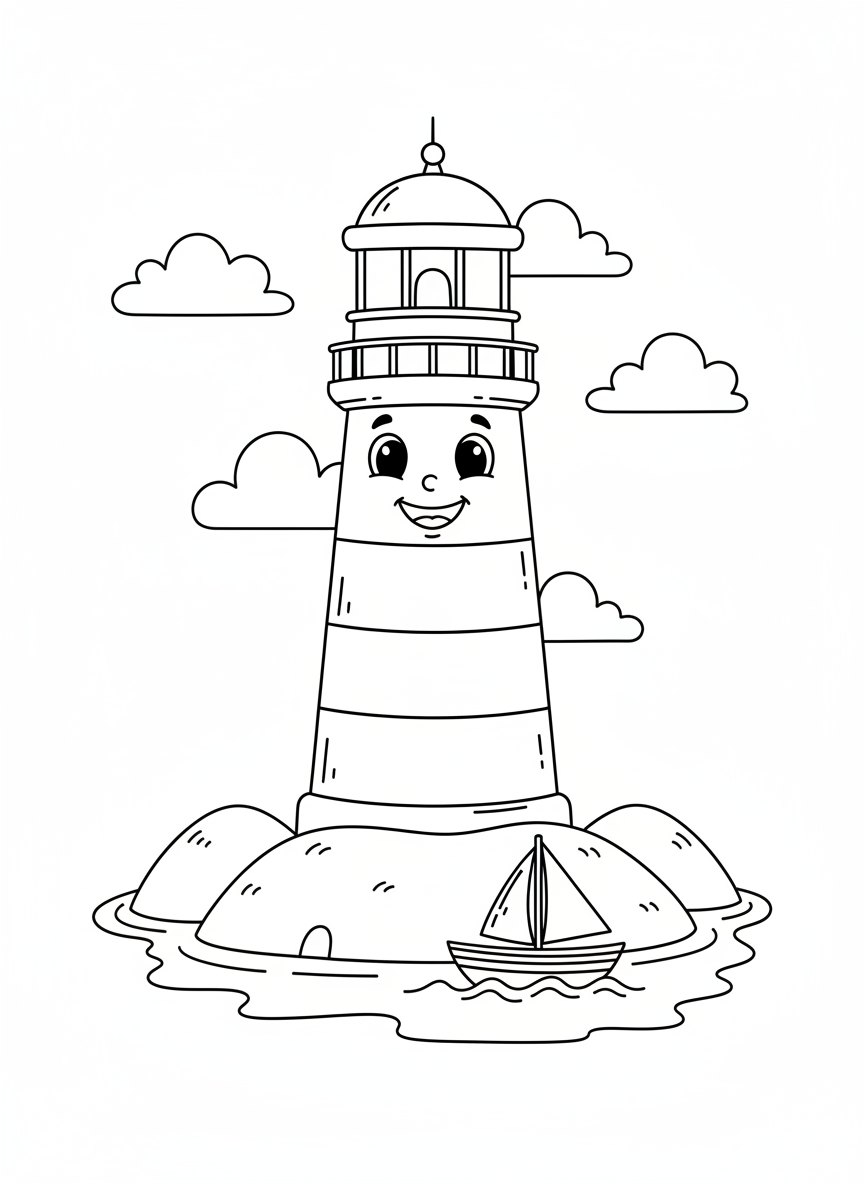 Friendly Lighthouse & Sailboat Coloring Page