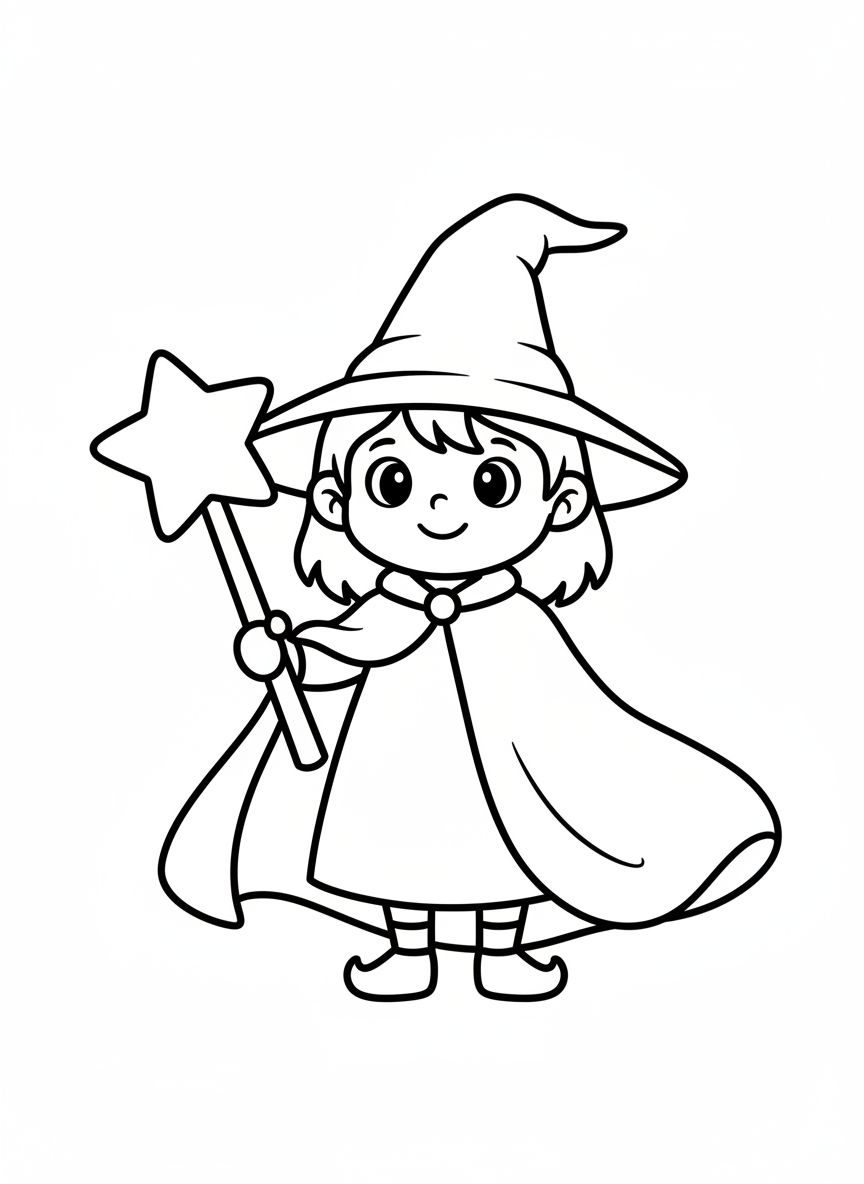 Friendly Little Witch with Magic Wand Coloring Page