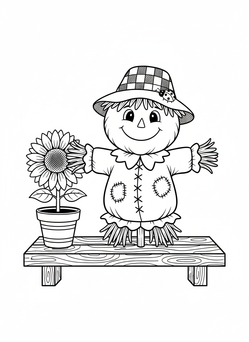 Friendly Mini Scarecrow Coloring Page for Kids