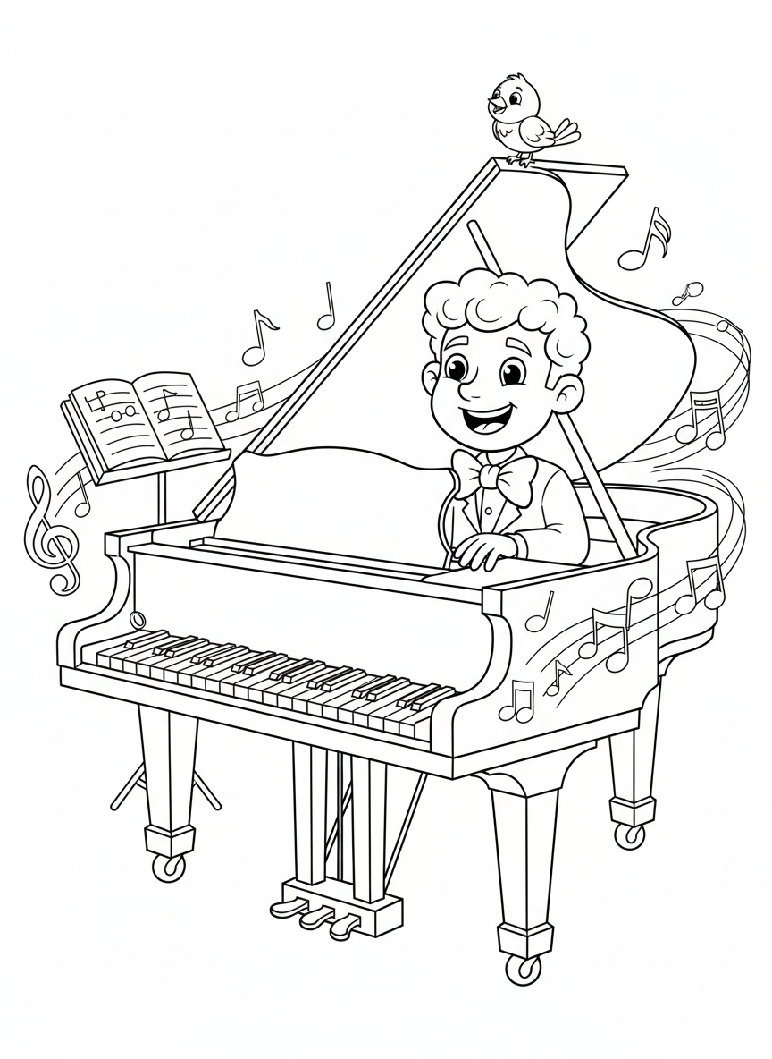 Friendly Music Teacher & Piano Coloring Page