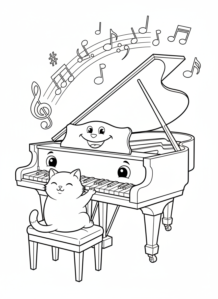 Friendly Piano & Cat Music Adventure Coloring Page