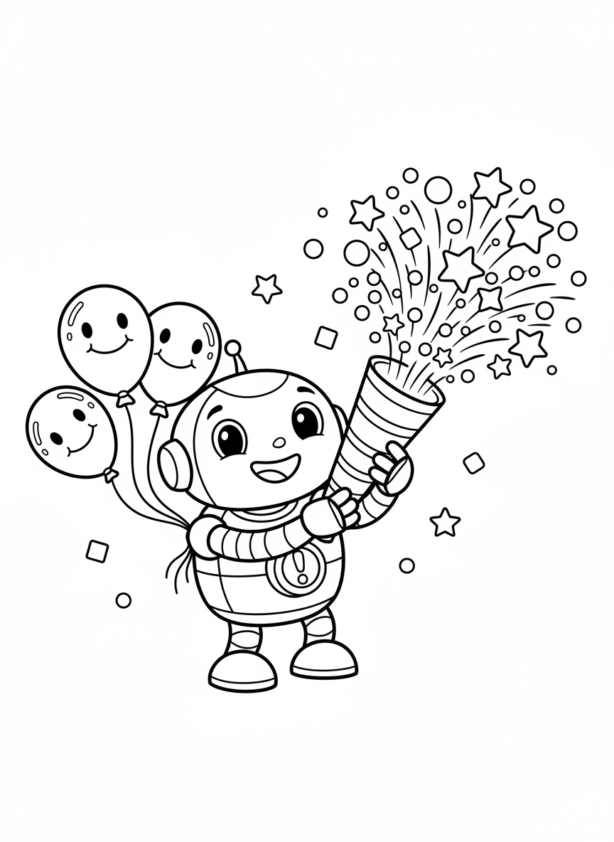 Friendly Robot Confetti Party Coloring Page