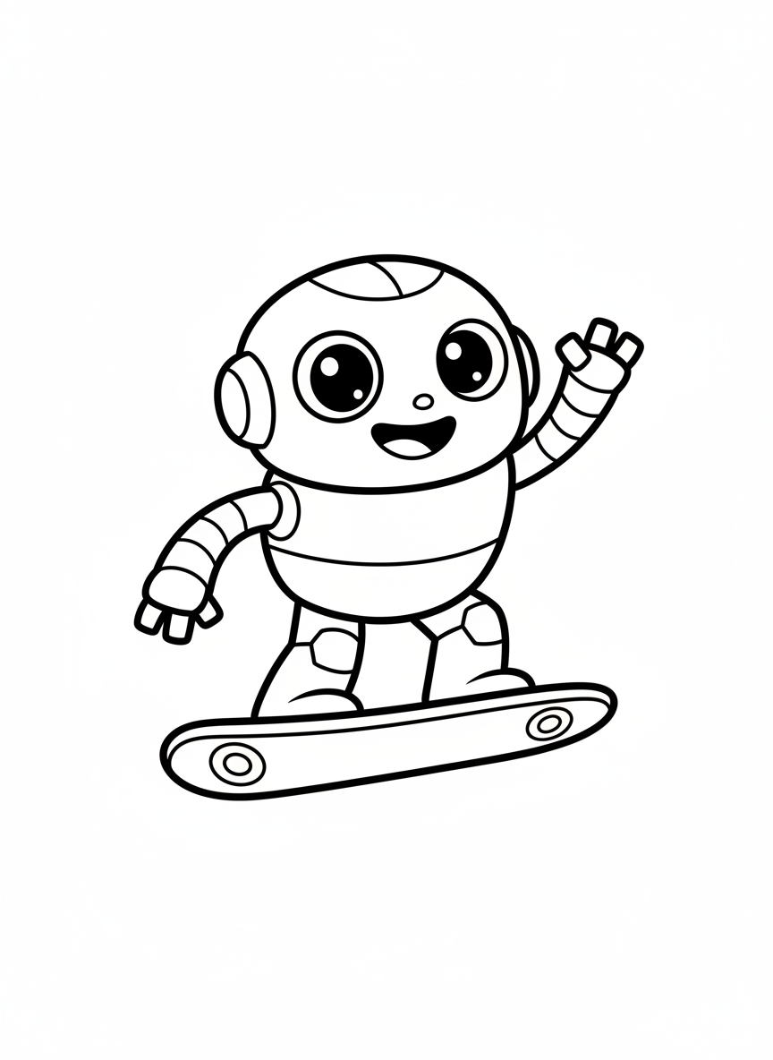 Friendly Robot on Hoverboard Coloring Page for Kids