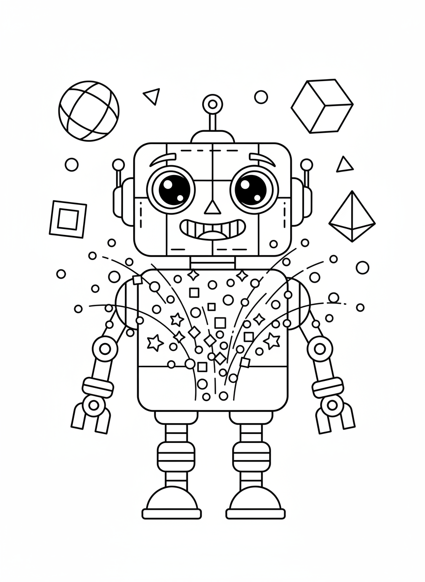 Friendly Robot with Confetti Fun Coloring Page