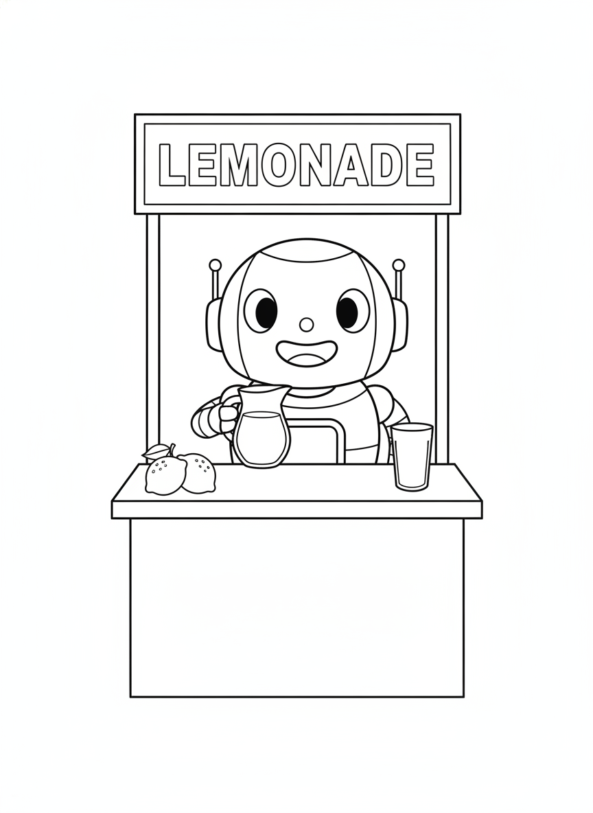 Friendly Robot's Lemonade Stand Coloring Page for Kids