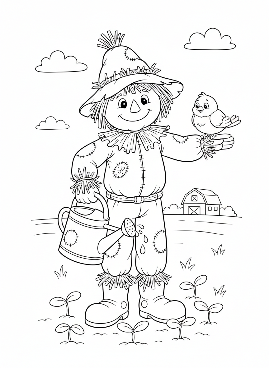 Friendly Scarecrow & Bird Coloring Page