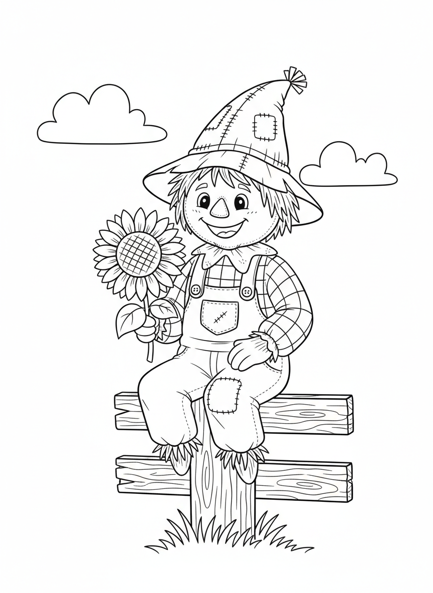 Friendly Scarecrow with Sunflower Coloring Page