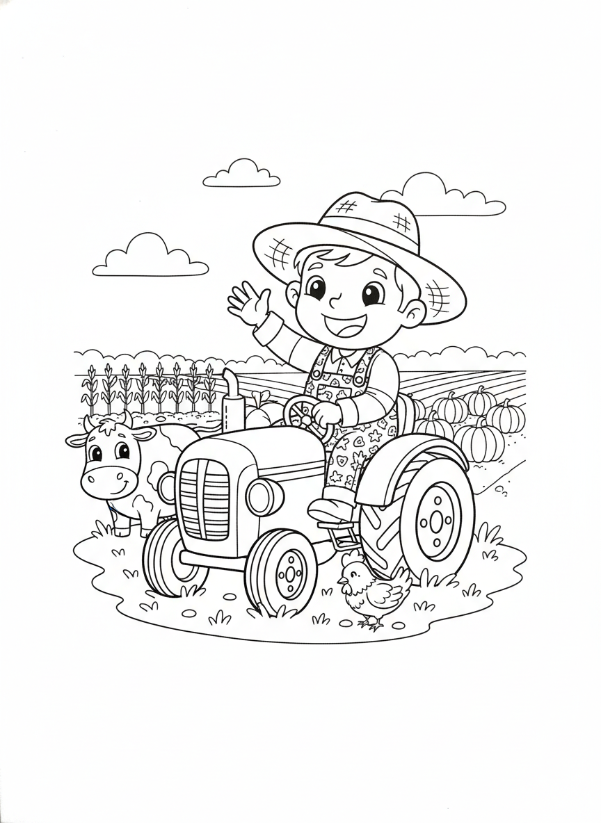 Fun Farm Adventure: Farmer and Tractor Coloring Page for Kids