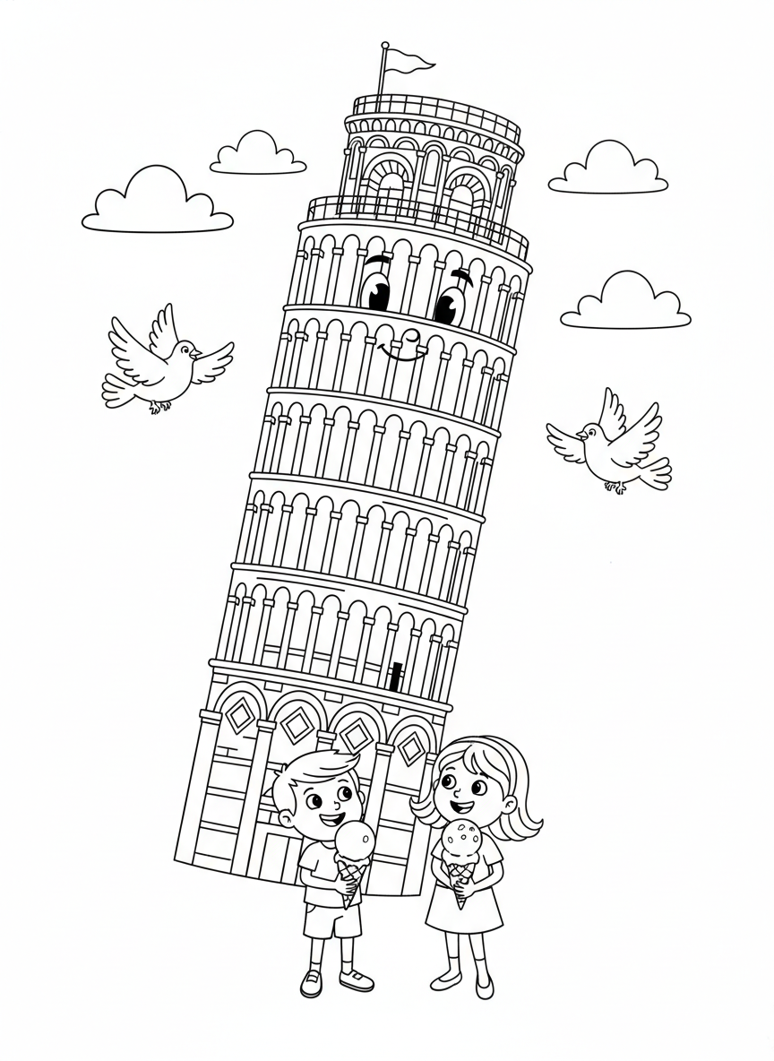 Fun Leaning Tower of Pisa Coloring Page for Kids