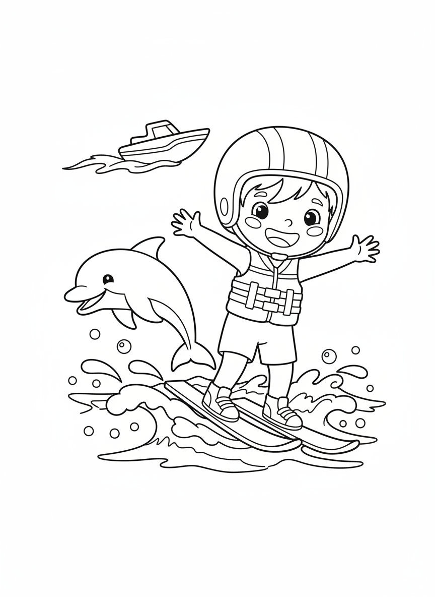 滑水兒童與海豚著色頁