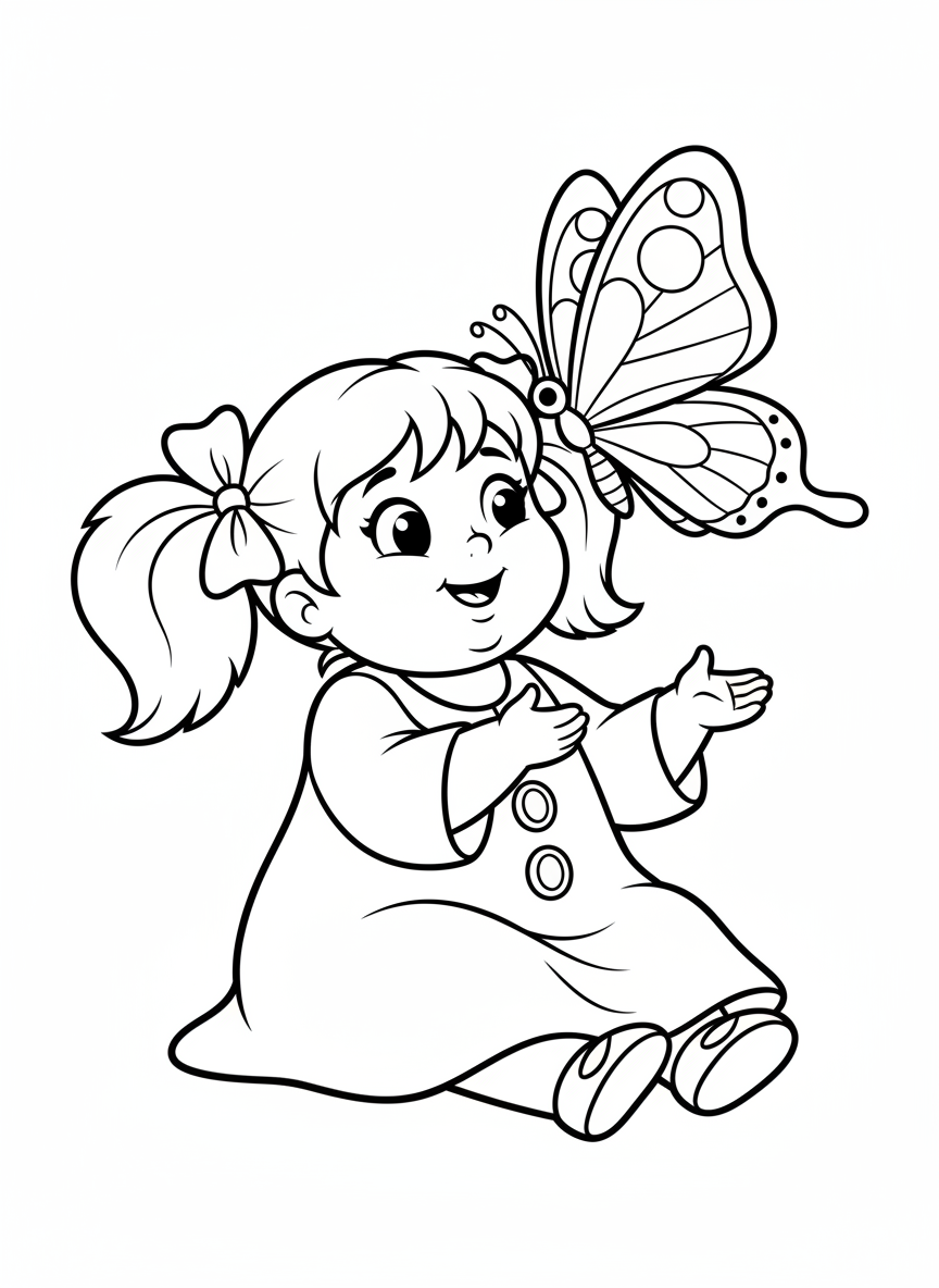 Girl and Friendly Butterfly Coloring Page