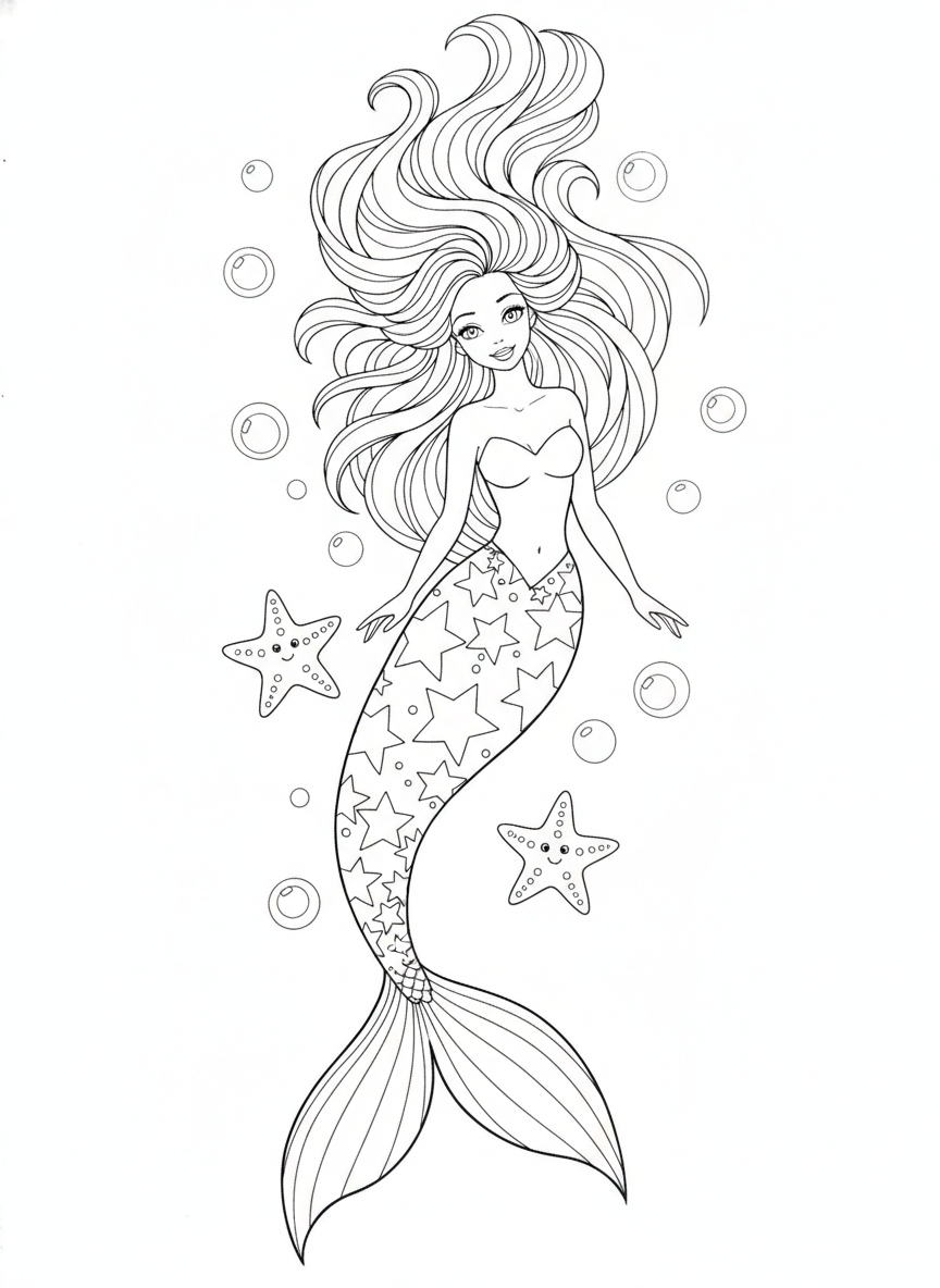 Graceful Starlight Mermaid Coloring Page for Kids