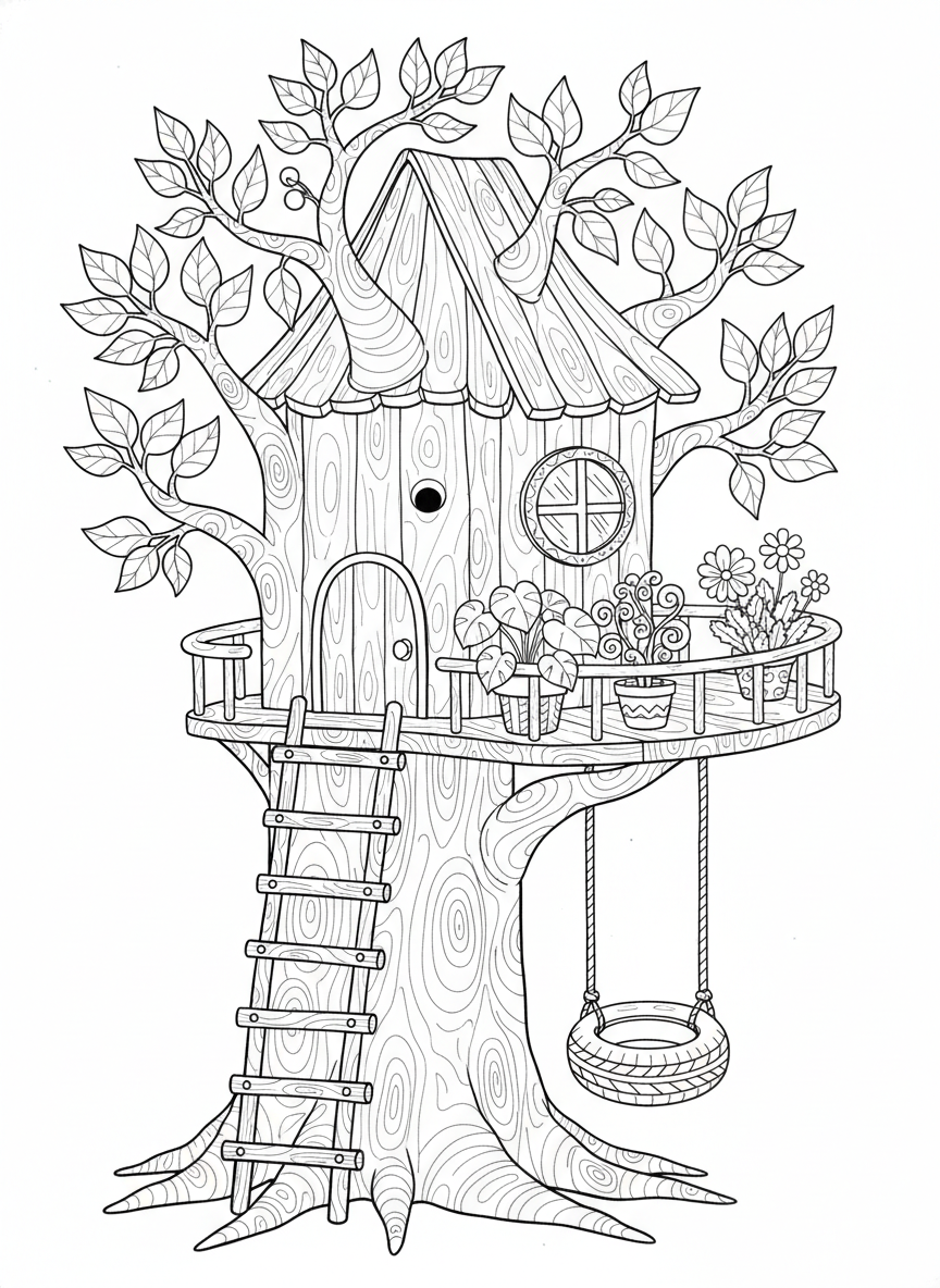 Green Oasis Treehouse Coloring Page for Kids