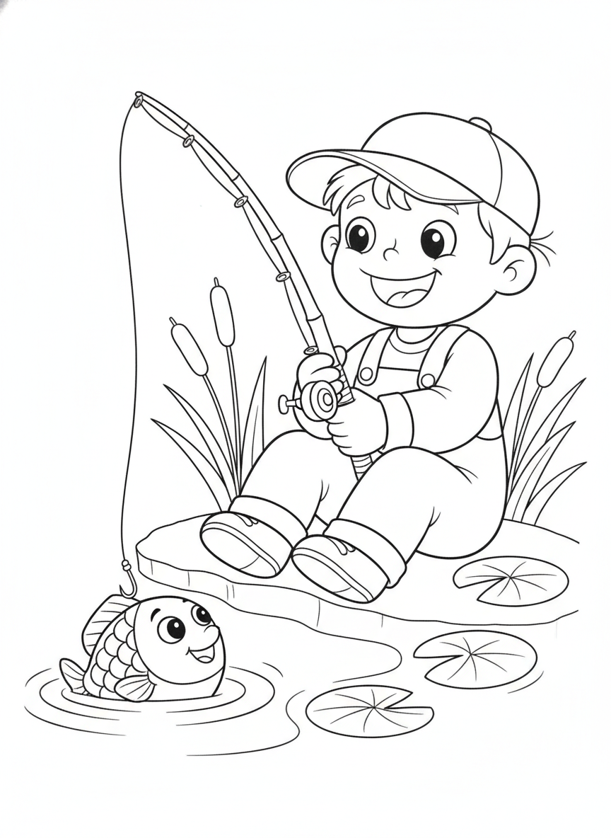 Happy Child Fishing by a Pond: Cute Cartoon Coloring Page