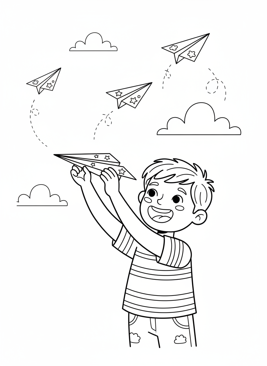 Happy Child Flying Paper Airplanes Coloring Page