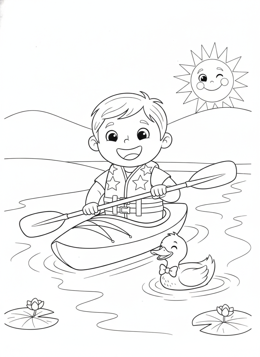 Happy Child Kayaking with a Friendly Duck Coloring Page