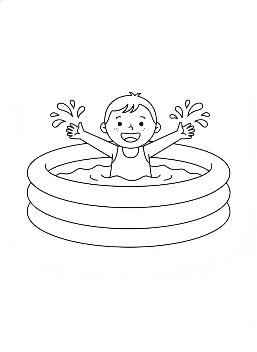 Happy Child Splashing in a Paddling Pool Coloring Page