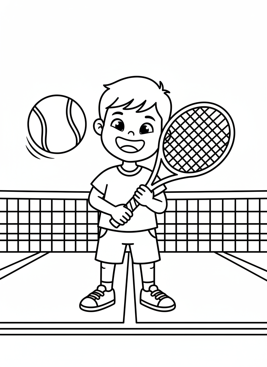 Happy Child Tennis Fun Coloring Page