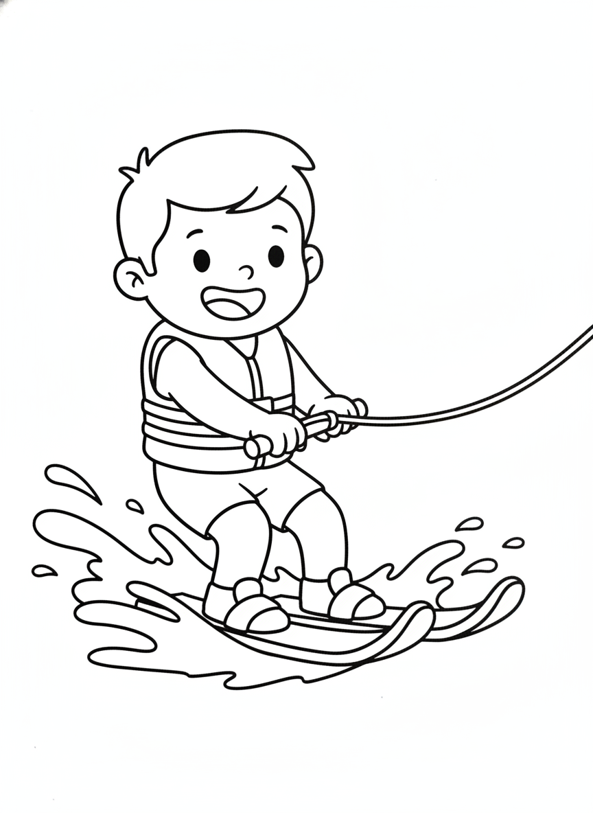 Happy Child Water Skiing Coloring Page for Kids