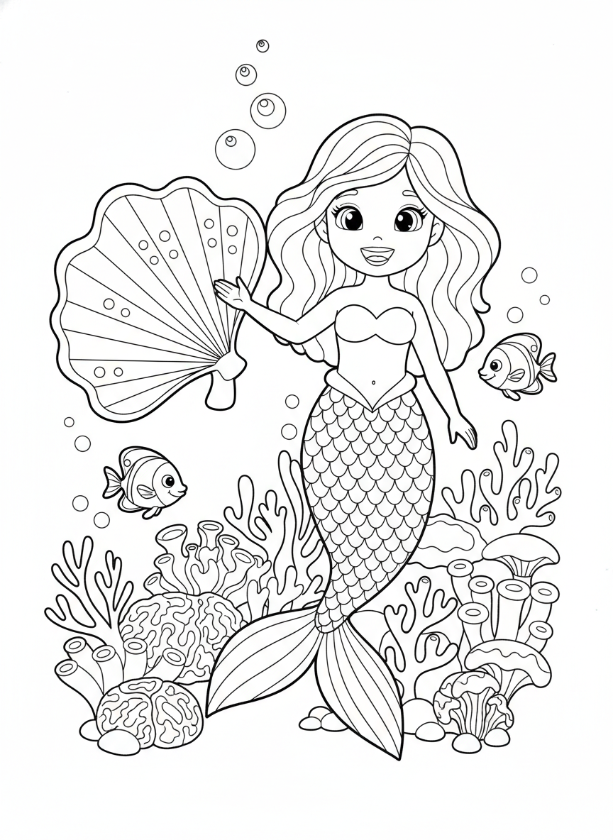 Happy Mermaid in Coral Reef Coloring Page