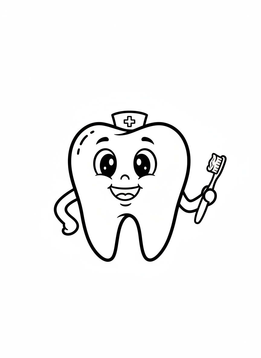 Happy Tooth Character Coloring Page for Kids
