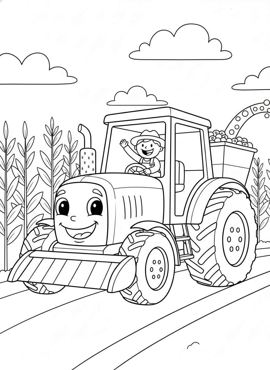 Happy Tractor Harvesting Fun: A Farm Adventure Coloring Page for Kids