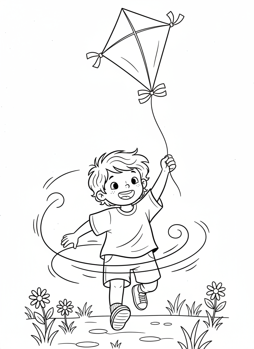 Joyful Child Flying a Kite Coloring Page