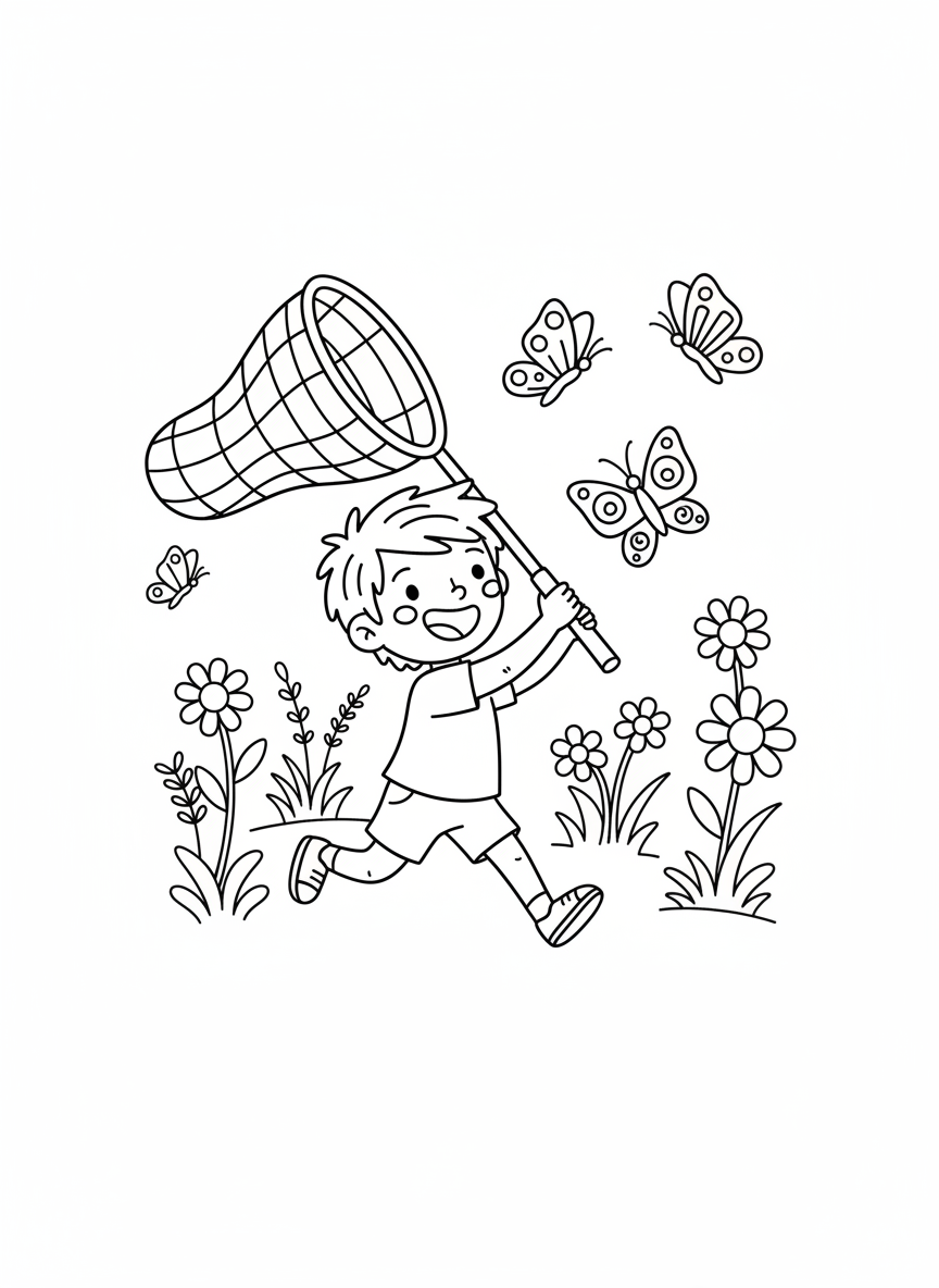 Joyful Child with Butterfly Net Coloring Page