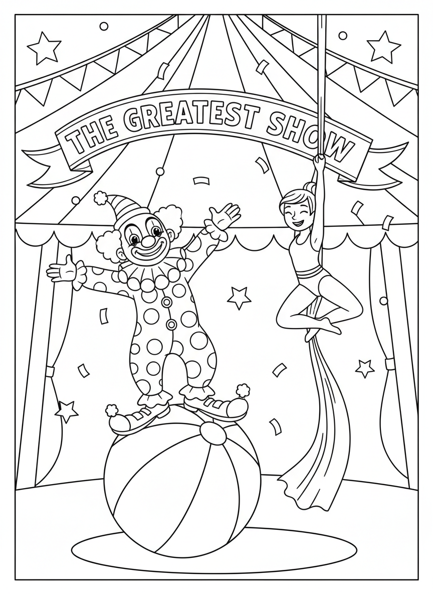 Joyful Circus Tent: Clown & Acrobat Coloring Page for Kids