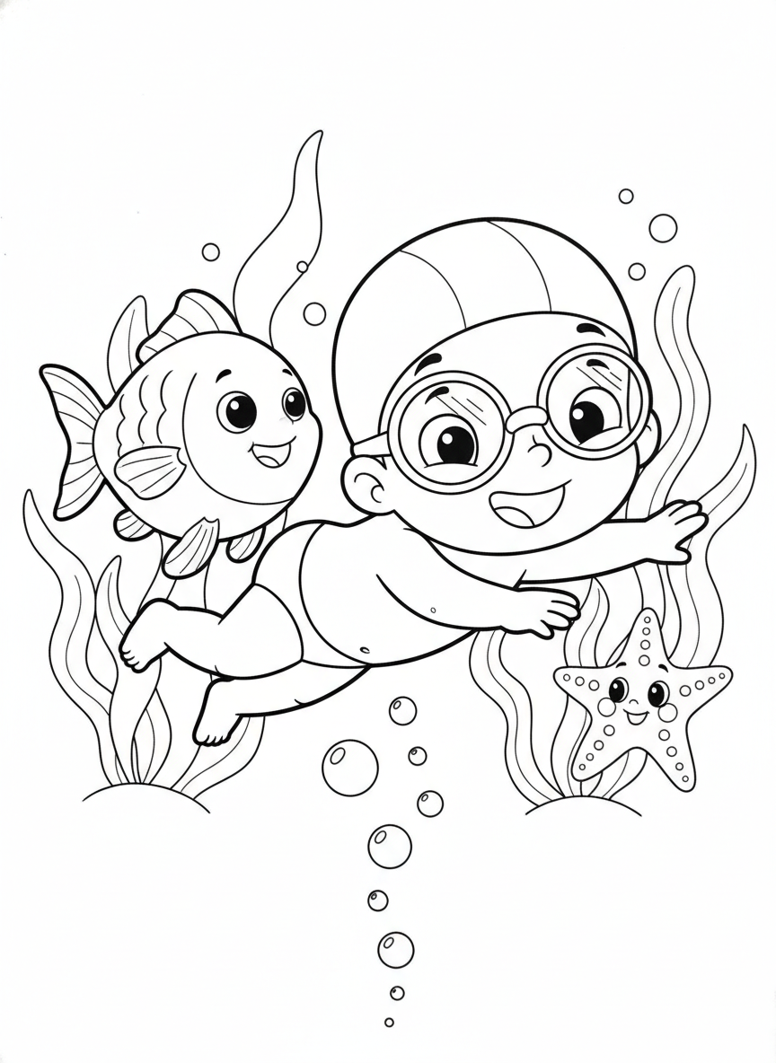 Joyful Underwater Adventure: Child Swims with Fish & Starfish