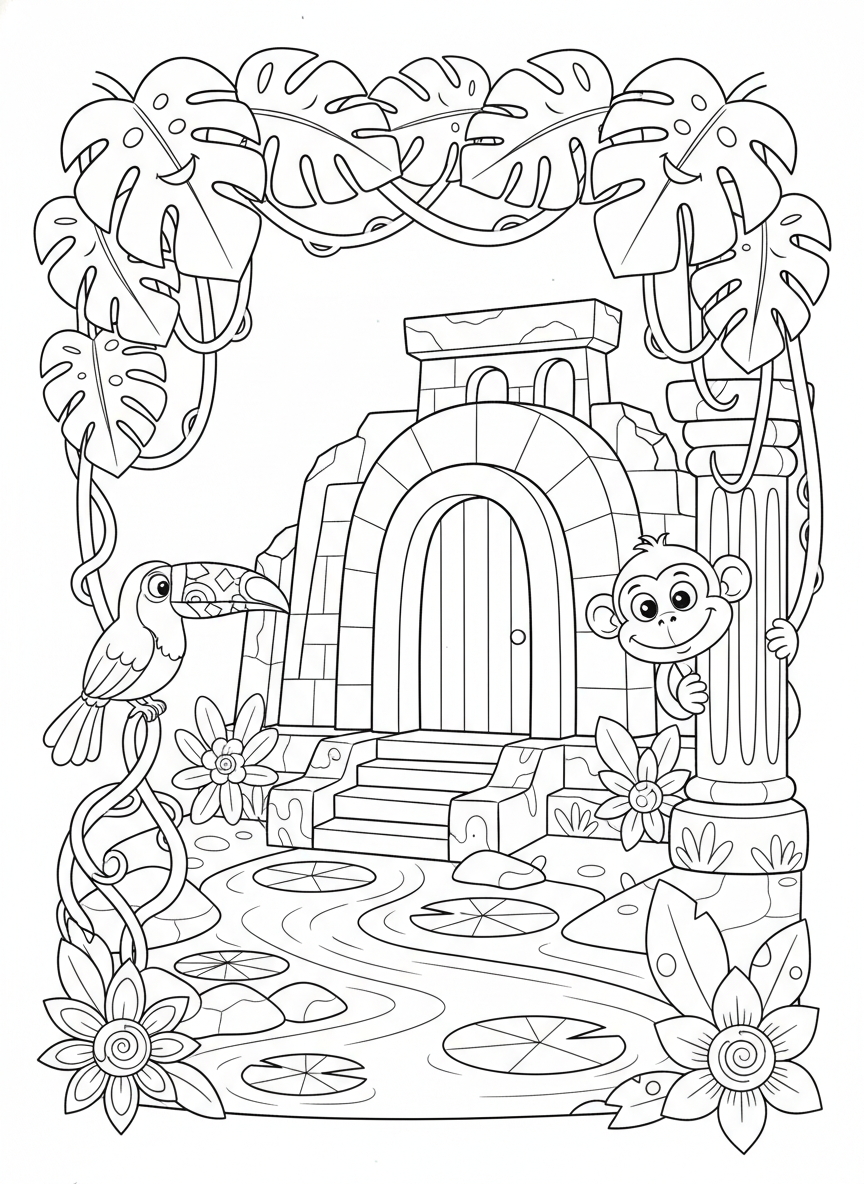 Jungle Temple Adventure Coloring Page for Kids