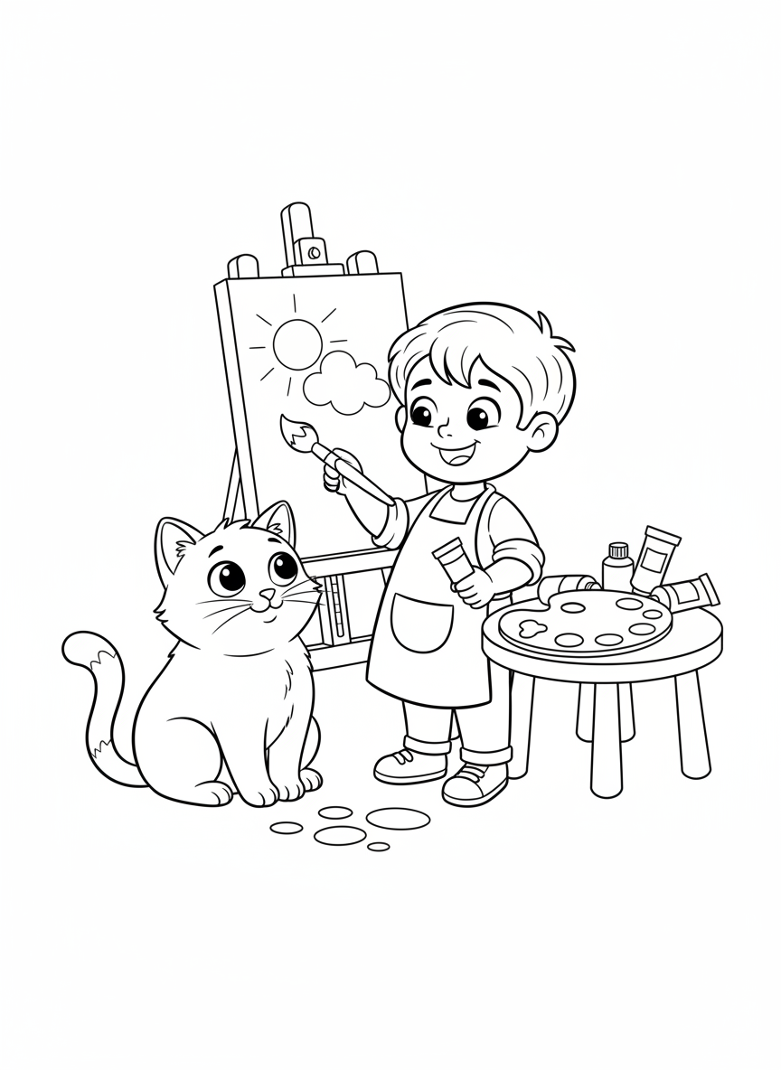 Little Artist & Friendly Cat: A Fun Painting Adventure Coloring Page