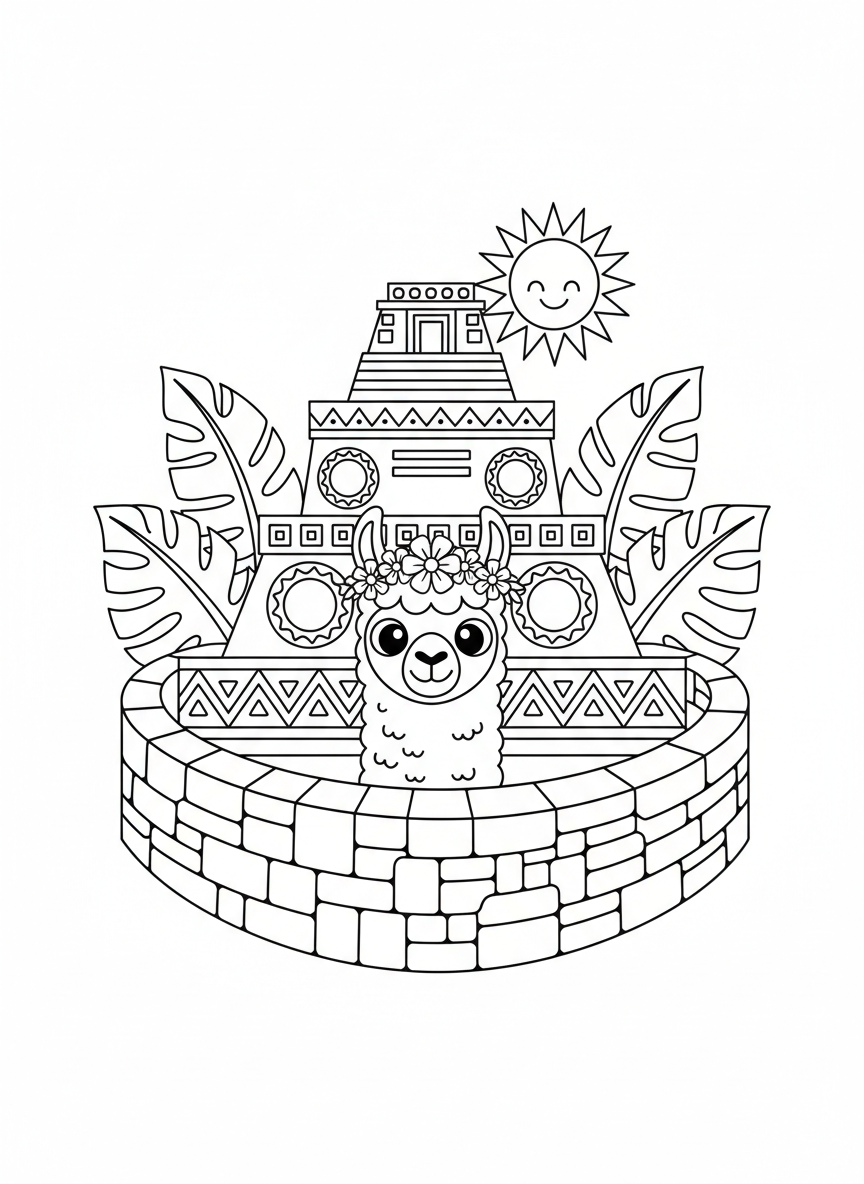 Llama at Inca Temple Coloring Page