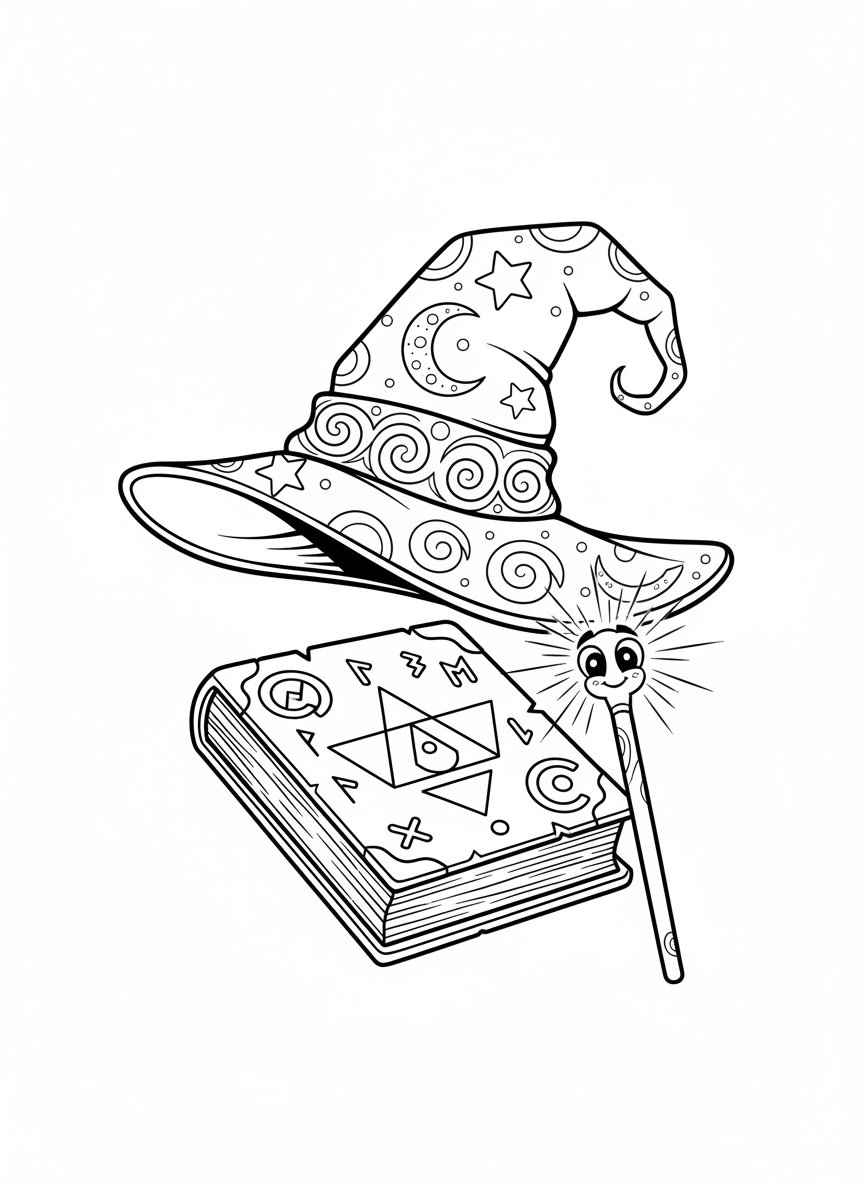 Magic Wizard's Hat & Spellbook Coloring