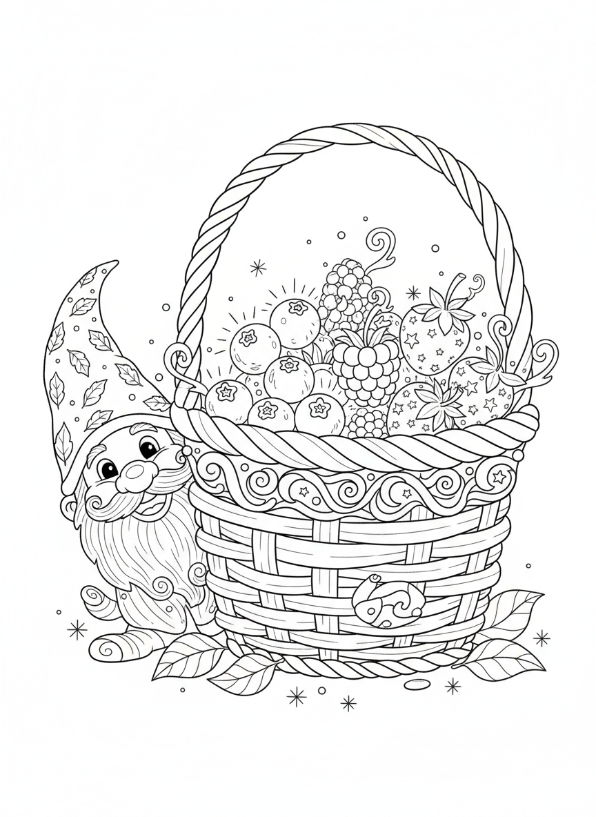 Magical Berry Basket with Gnome Coloring Page