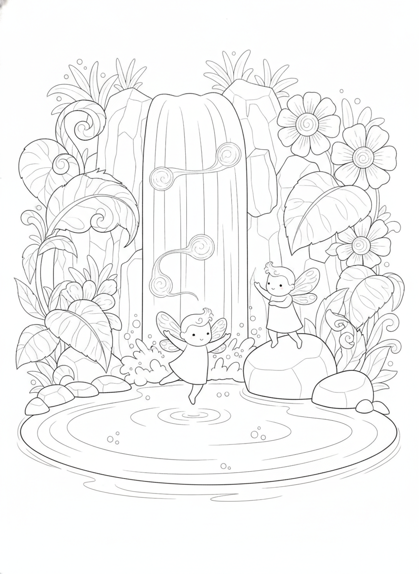 Magical Forest Spirits by a Cascading Waterfall
