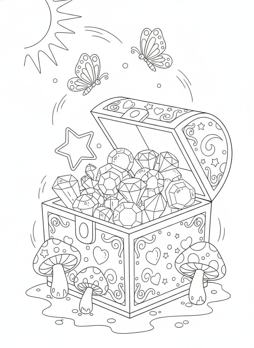 Magical Gem Box in Forest Glade Coloring Page for Kids