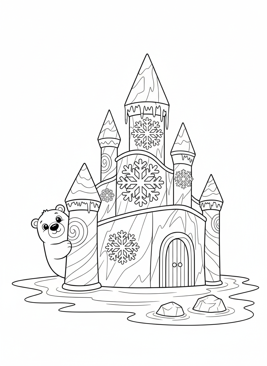 Magical Ice Castle & Polar Bear Coloring Page