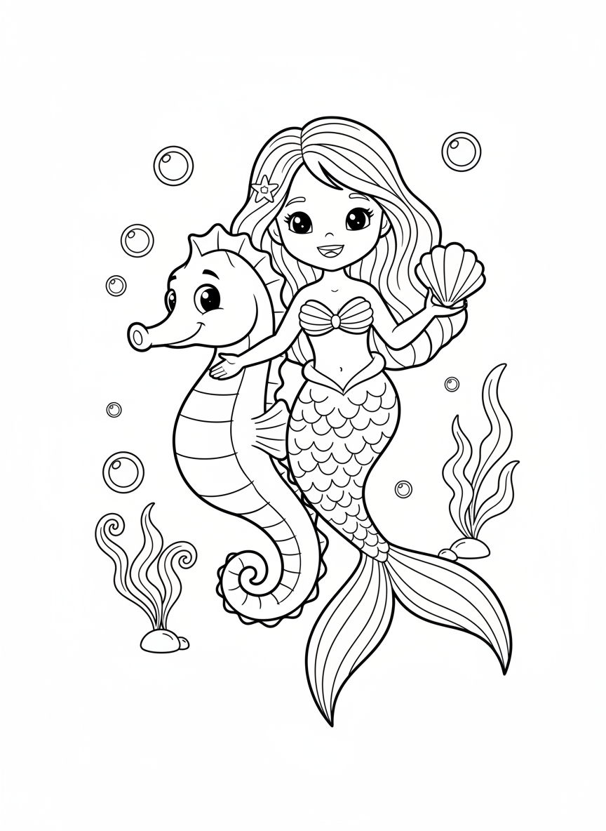 Mermaid & Seahorse Undersea Adventure Coloring Page for Kids