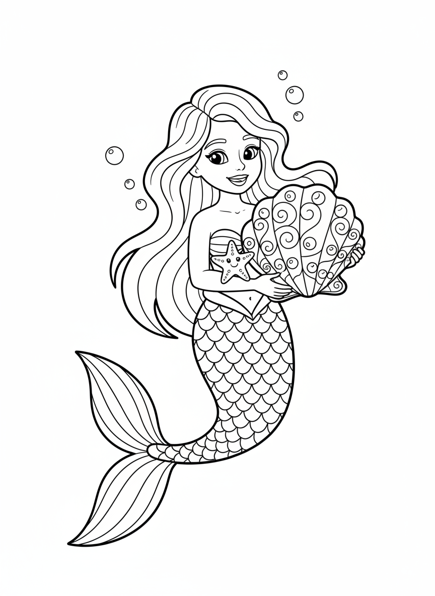 Mermaid with Pearl Conch Shell Coloring Page