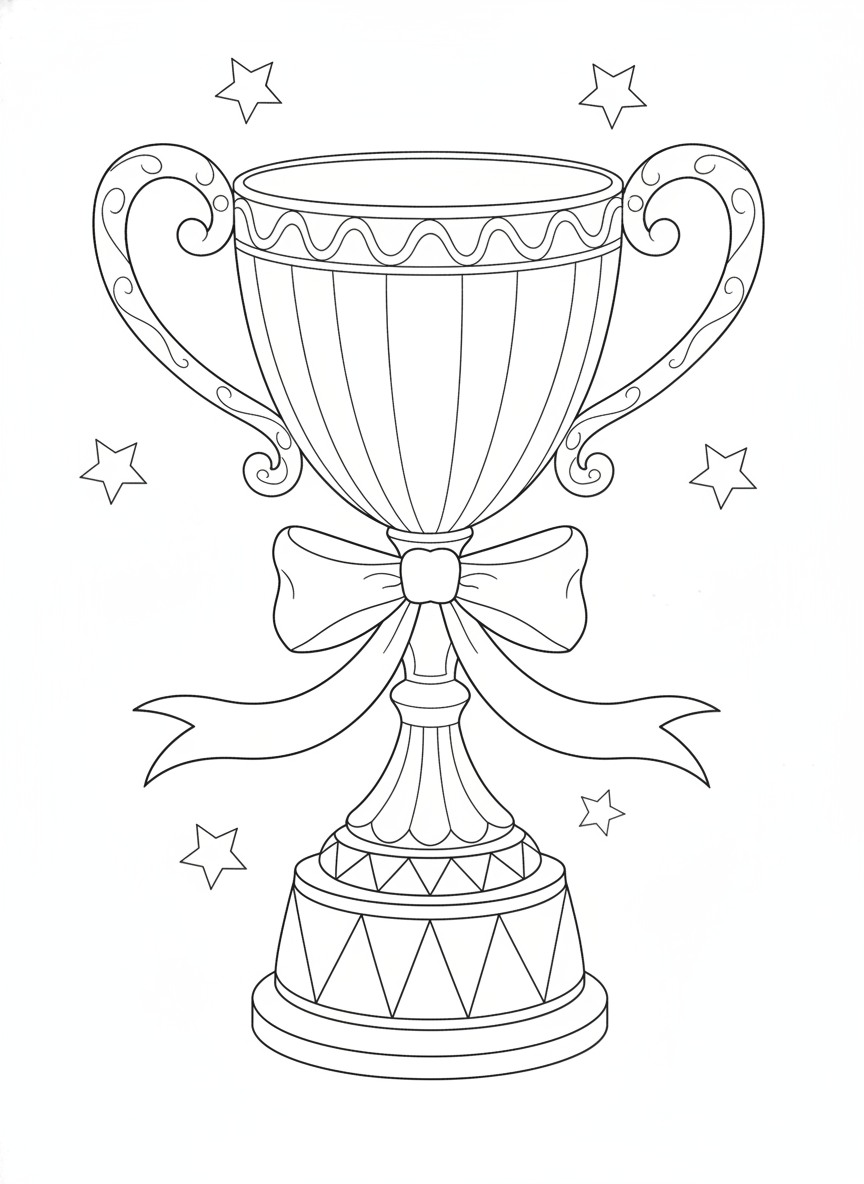 Ornate Trophy Cup Coloring Page for Kids with Ribbon and Stars