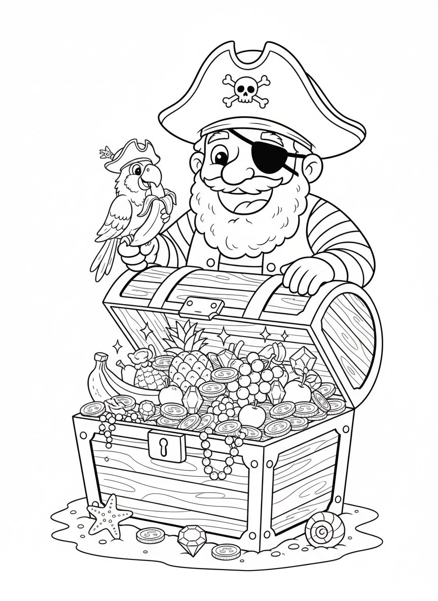 Pirate Captain's Treasure Feast Coloring Page
