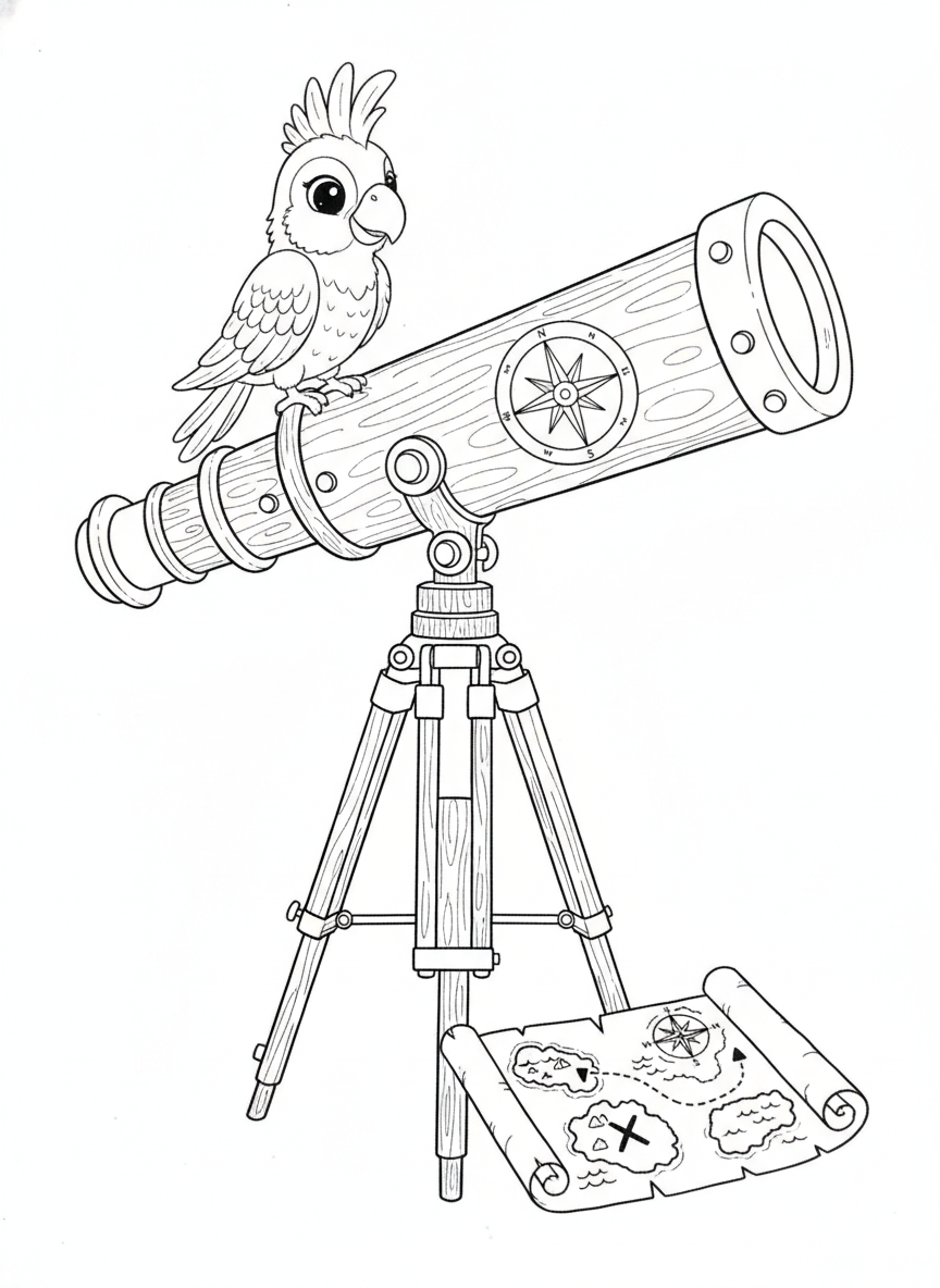 Pirate Telescope Adventure: A Detailed Coloring Page for Kids