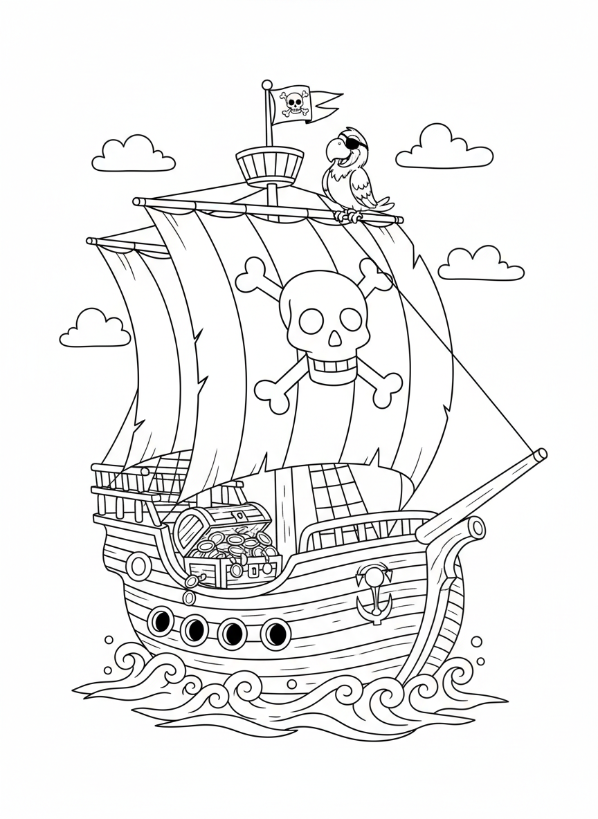 Pirate Treasure Ship Coloring Page for Kids