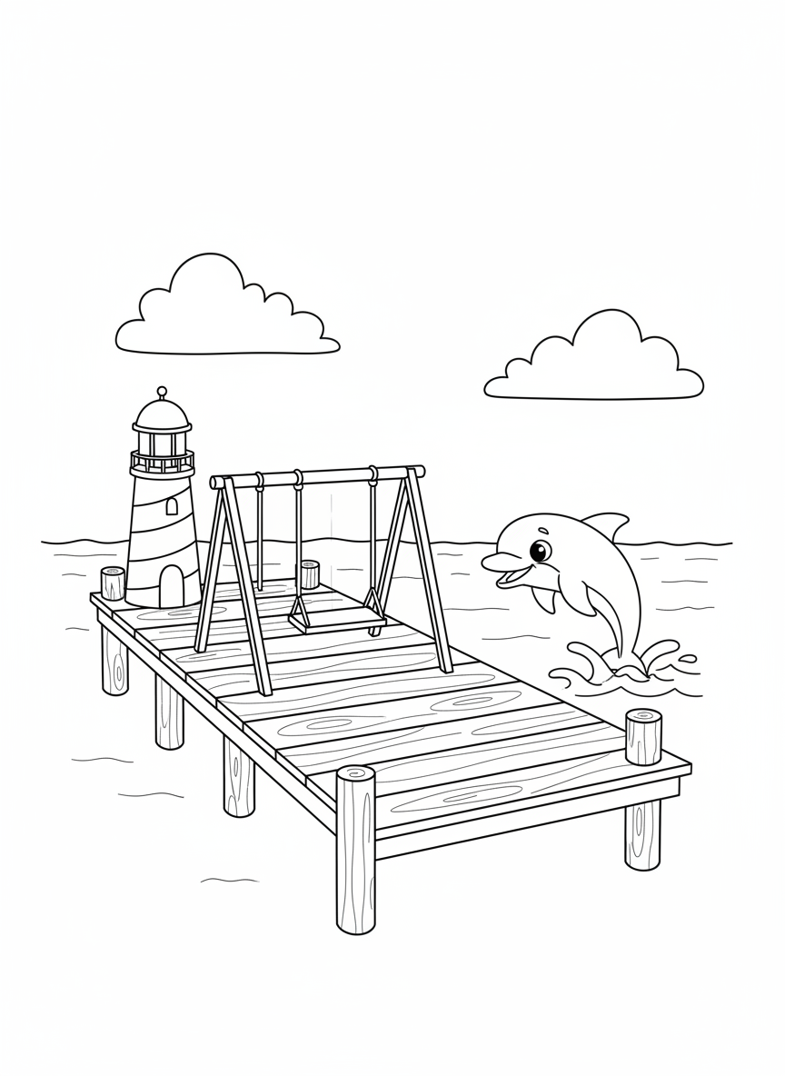 Playful Pier & Dolphin Coloring Page for Kids
